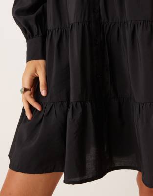 Y.a.s. Long Sleeve Tiered Mini Shirt Dress In Black