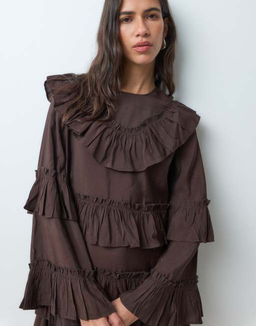 YAS long sleeve tiered ruffle boho mini dress in chocolate brown, 2 of 4