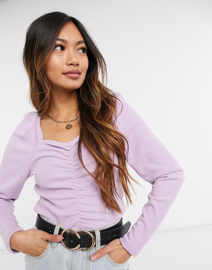 Y.A.S long sleeve top with sweetheart neckline and ruched bodysuit in lilac-Purple