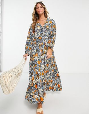 Y.A.S long sleeve v neck printed floral maxi dress
