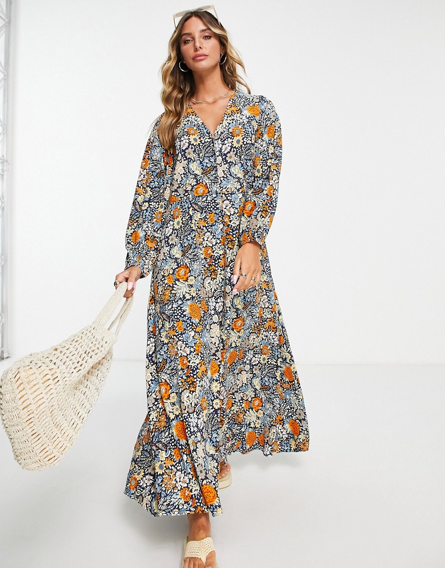 Y.A.S Long Sleeve V Neck Printed Floral Maxi Dress-Multi