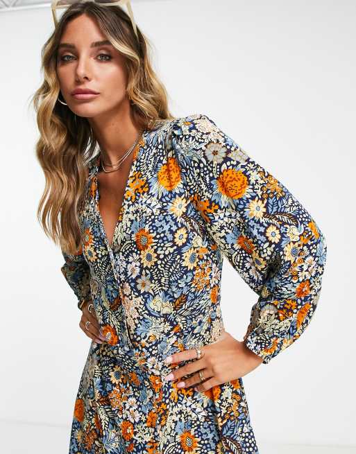  long sleeve v neck printed floral maxi dress | ASOS