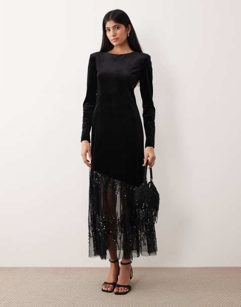 YAS long sleeve velvet maxi dress with asymmetric glitter hem in black - view 1
