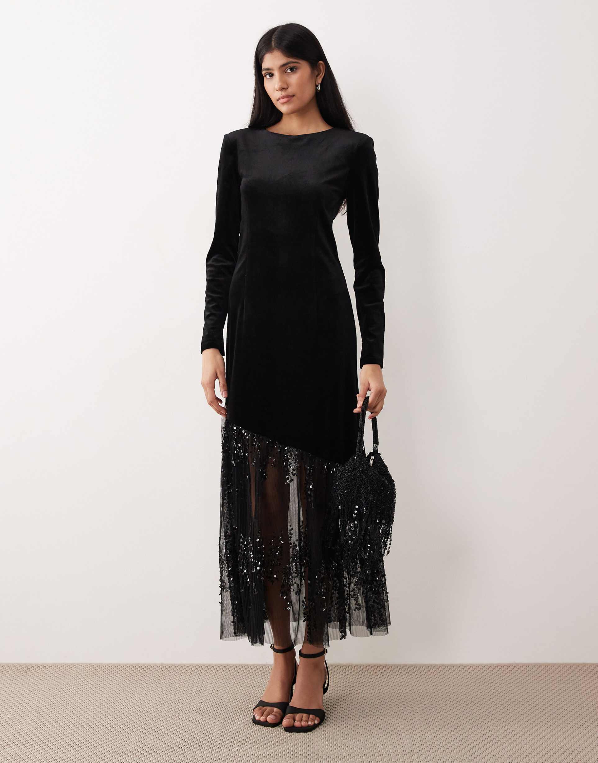 yas long sleeve velvet maxi dress with asymmetric sequined hem in black