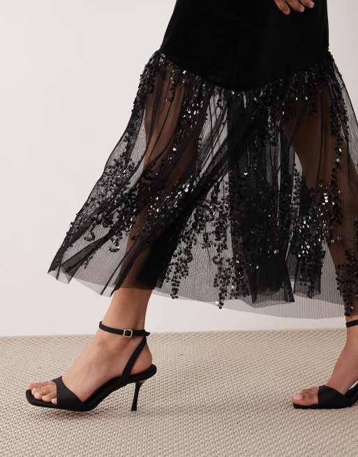 YAS long sleeve velvet maxi dress with asymmetric sequined hem in black, 4 of 4