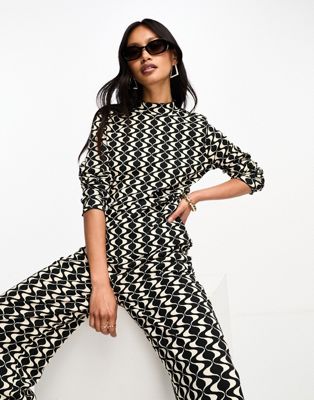 Y.A.S long sleeved high neck top co-ord in wave mono print