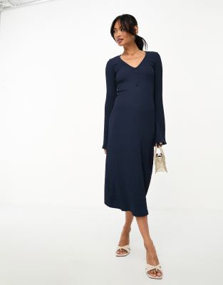 YAS Y.A.S long sleeved midi dress in navy blue