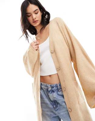 Y.A.S longline knit cardigan with belt in cream-White