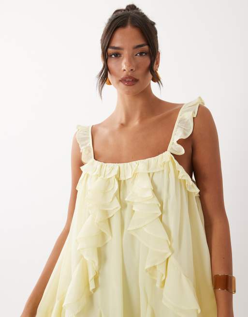 YAS - Lysegul minikjole i chiffon med flæsekant og camistropper, 3 af 4