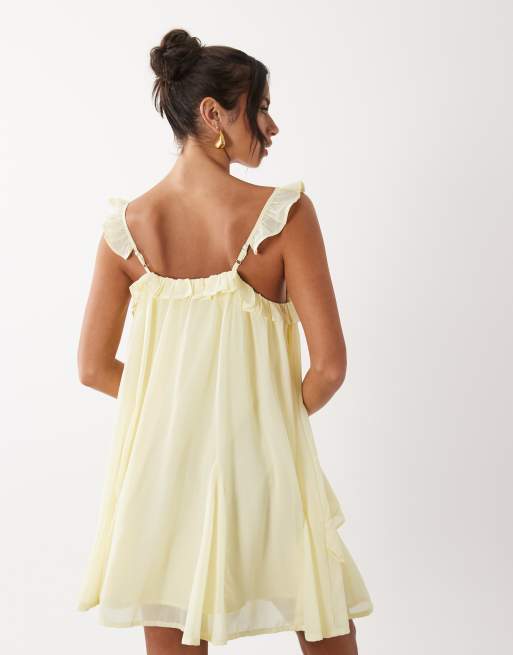 YAS - Lysegul minikjole i chiffon med flæsekant og camistropper, 4 af 4