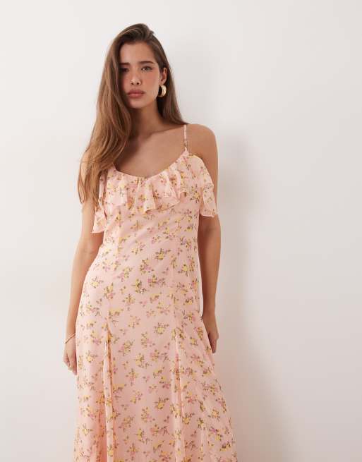 YAS - Lyserød cami-maxikjole med flæsedetaljer og blomsterprint, 2 af 4