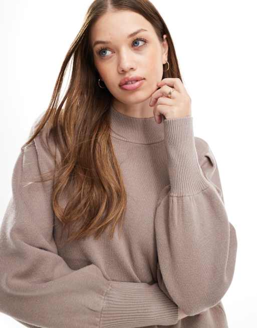 YAS - Maglione accollato con maniche a palloncino color fungo in coordinato