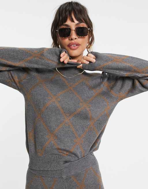 Y.A.S - Maglione in maglia a quadri incrociati marrone e grigio, in coordinato