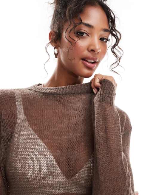YAS - Maglione marrone in maglia fine, 3 di 4