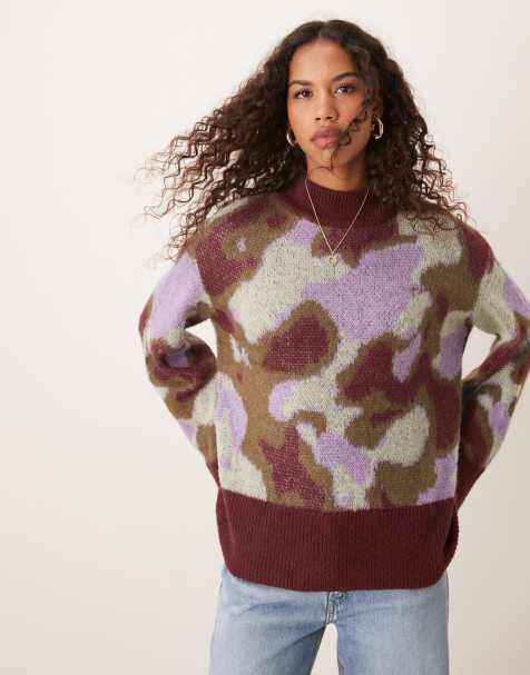 YAS - Maglione mimetico bordeaux multicolore con bordi a contrasto - view 1