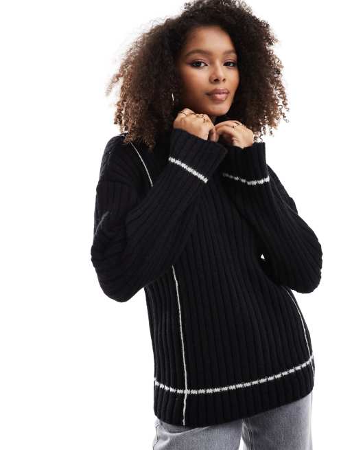 YAS - Maglione nero e crema a coste con cuciture a contrasto