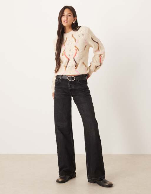 YAS - Maglione oversize premium color crema con cuciture a contrasto, 2 di 4