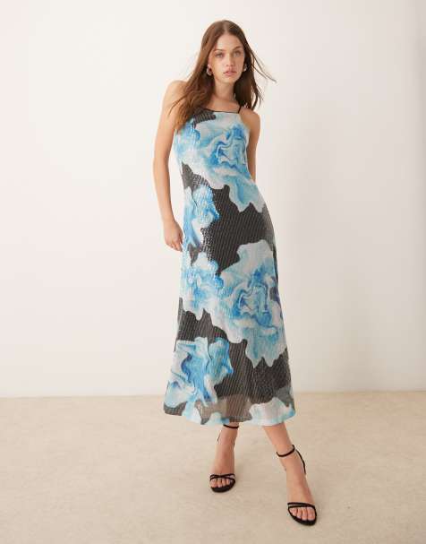 YAS - Maxi cami-jurk met lovertjes in oversized blauwe bloemenprint - view 1