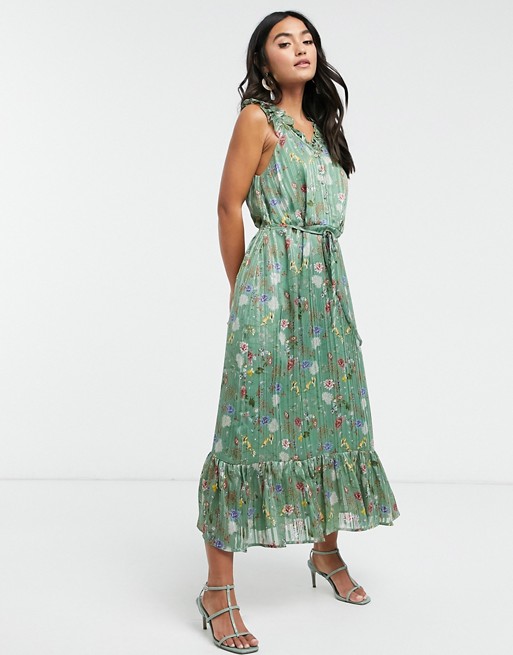 Y.A.S maxi dress with ruffle detail and button front in striped floral