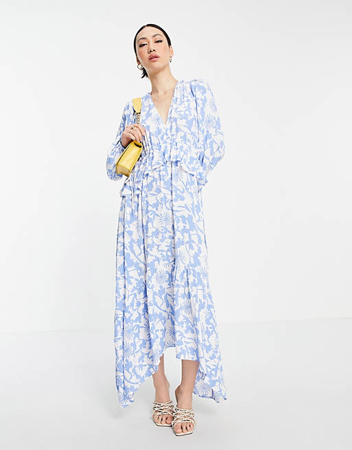 Y.A.S maxi dress with ruffle detail in blue floral print