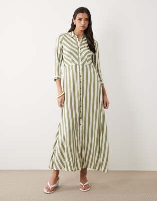 Maxi-Hemdblusenkleid in Weiß und Ölgrün gestreift Grün L