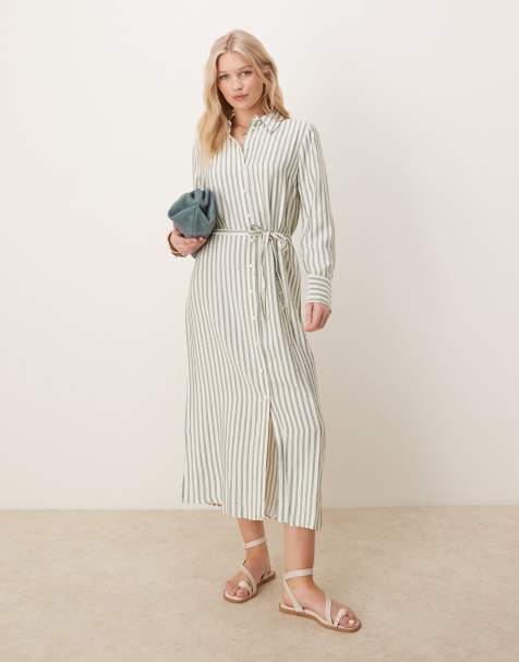 YAS – Maxi-Hemdkleid mit Taillenband und Streifen in Grün und Creme - view 1