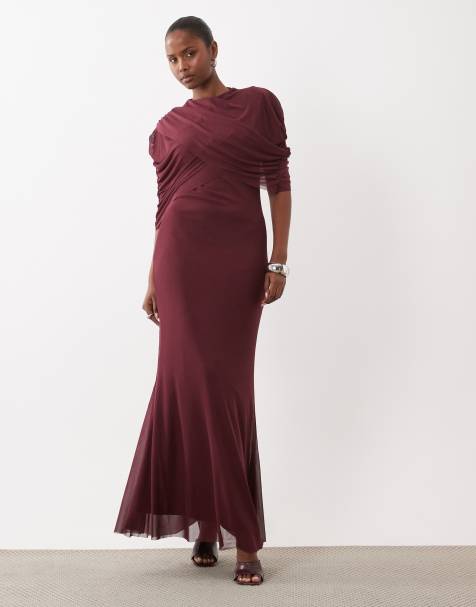 YAS maxi jurk met gedrapeerde cape-detail in bordeauxrood - view 1