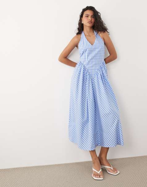 YAS - Maxi jurk met halternek en gingham ruit in blauw - view 1