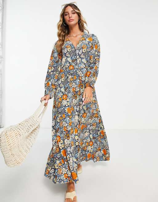 oorlog Verward Rijpen Y.A.S - Maxi-jurk met lange mouwen, V-hals en bloemenprint | ASOS