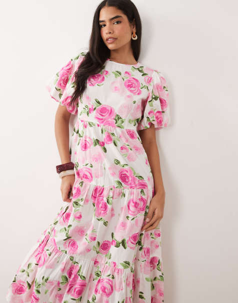 YAS - Maxi jurk met pofmouwen en gelaagde zoom in roze rozenprint - view 1