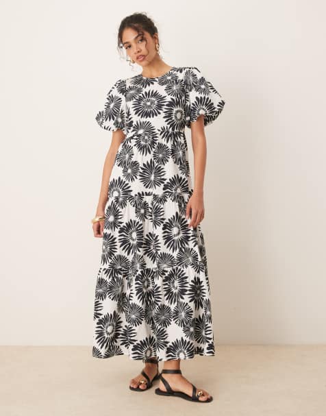 YAS - Maxi jurk met pofmouwen in zwart-witte bloemenprint - view 1