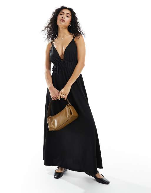 Y.A.S - Maxi-jurk met textuur, dubbele cami-bandjes en strik voor in zwart 