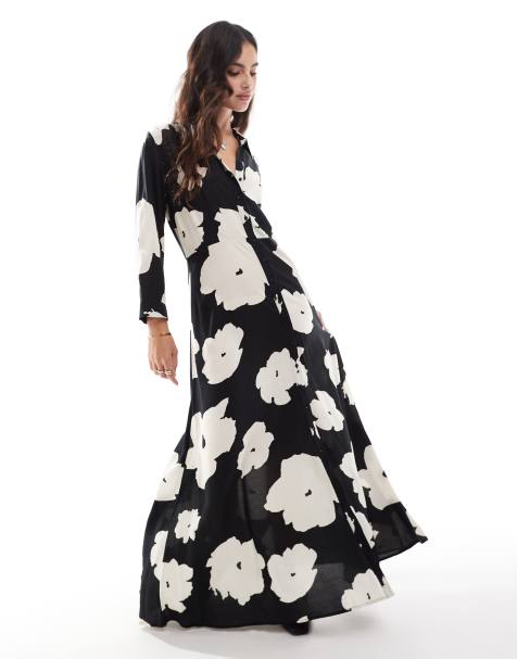 YAS - Maxi overhemdjurk met bloemenprint in zwart-wit - view 1