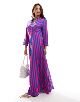 YAS YAS maxi shirt dress in bold stripe - PINK