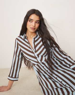 YAS maxi shirt dress in brown and blue stripe