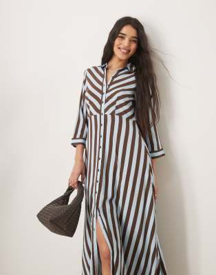 YAS maxi shirt dress in brown and blue stripe