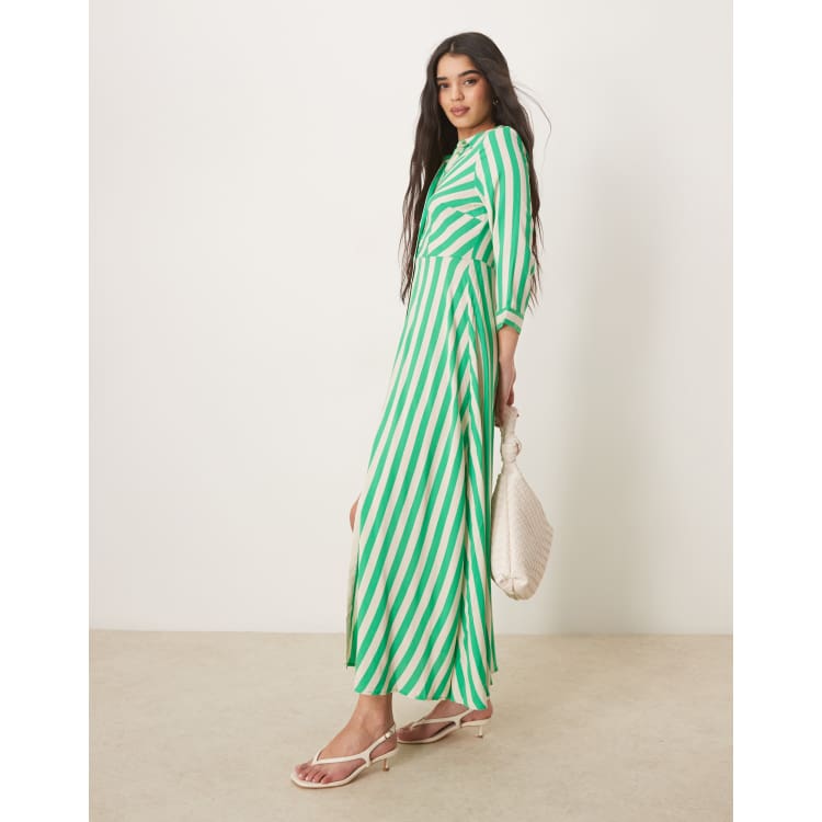 green and white shirt dress Green Striped Button Up Midi Dress | Women's Clothing