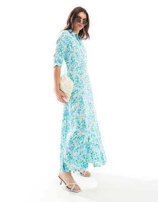 YAS maxi shirt dress in green fuzzy flower print