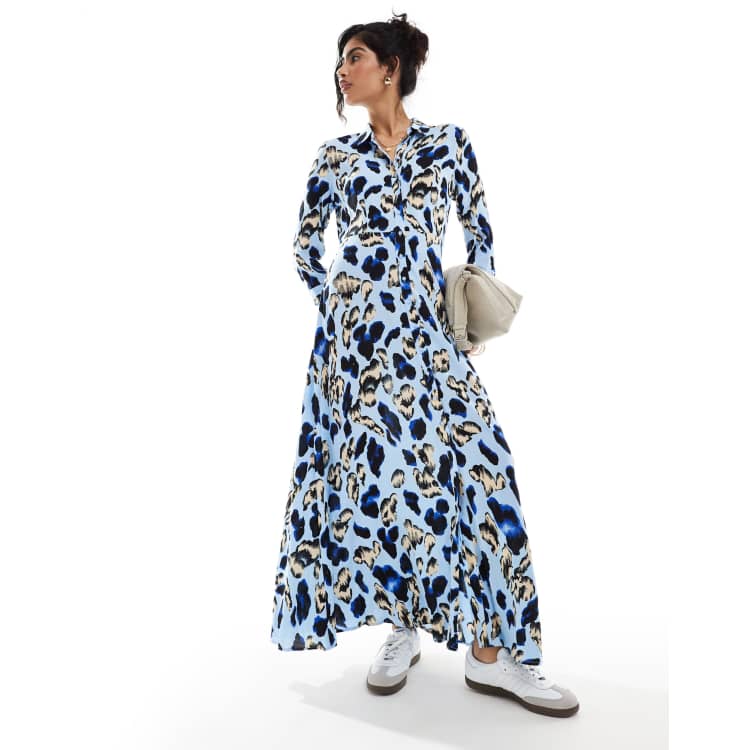 blue leopard print dress Mela Blue Animal Crepe Midi Tea Dress – Finery London main image 1