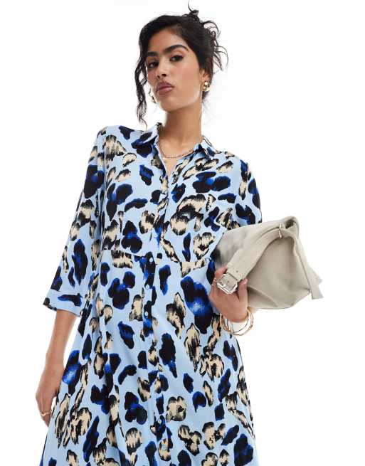 YAS maxi shirt dress in oversized blue leopard print ASOS
