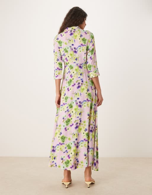 YAS maxi shirt dress in oversized pale lilac floral print, 3 of 4