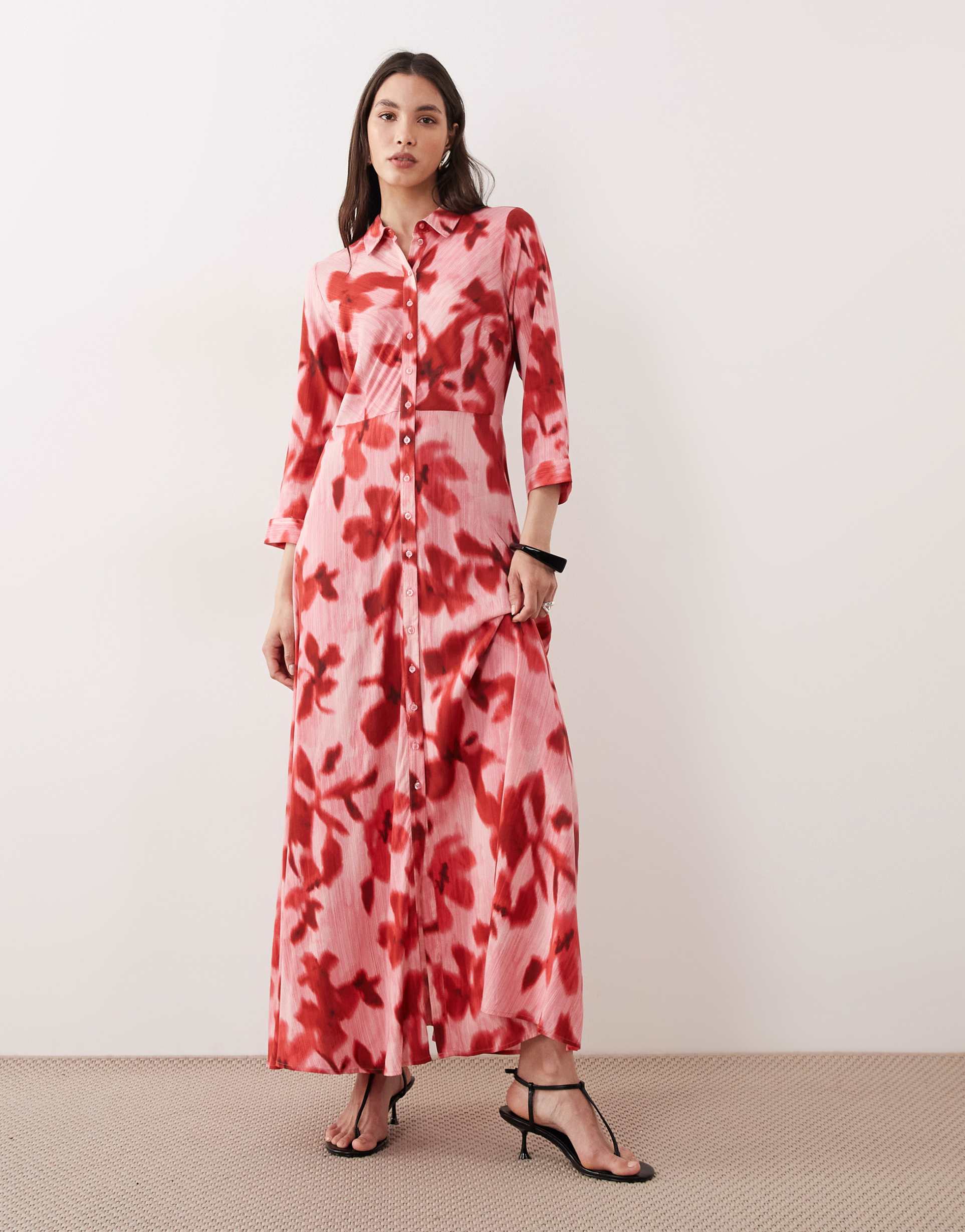 yas maxi shirt dress in pink and red floral print