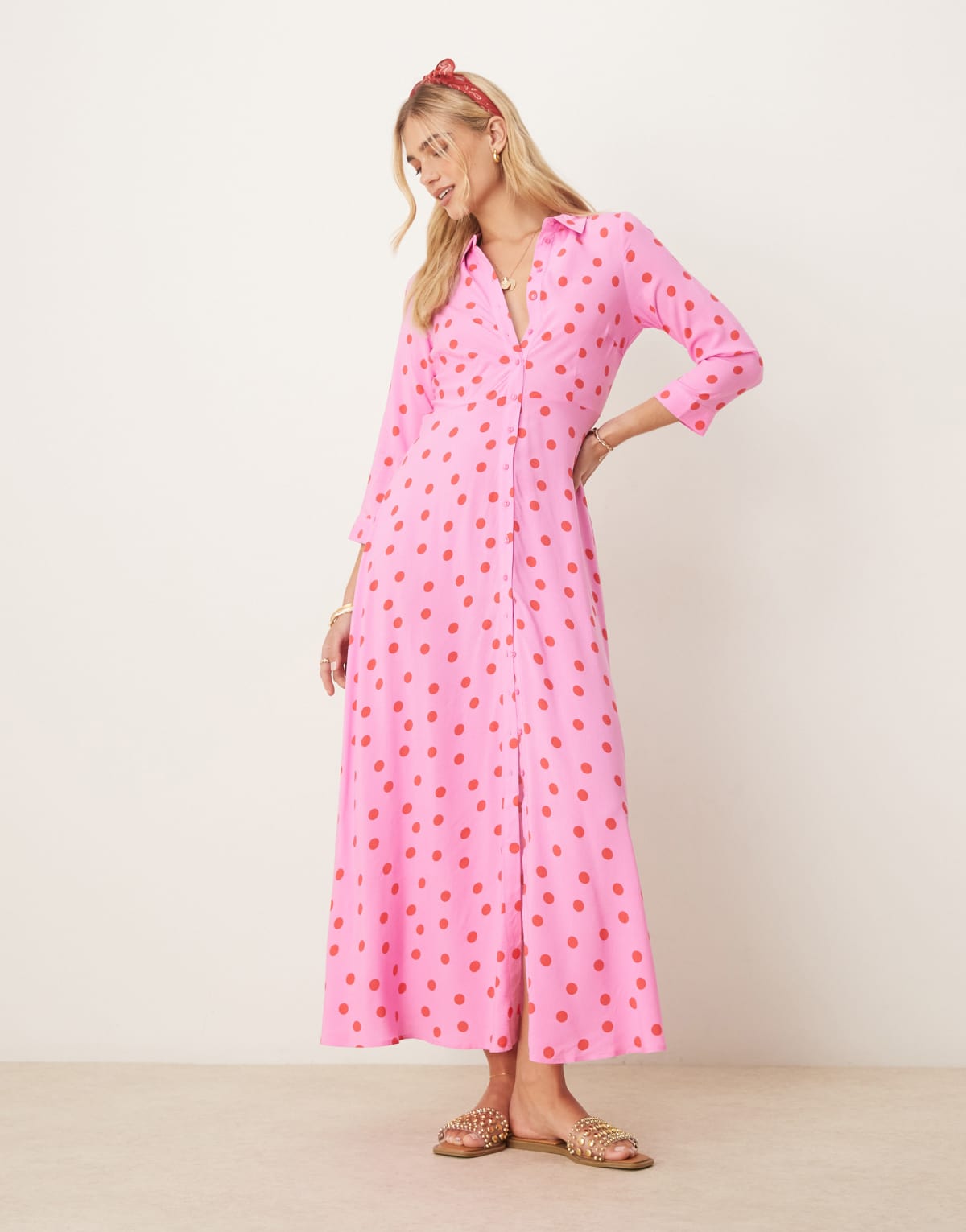 YAS maxi shirt dress in pink and red polka dot print