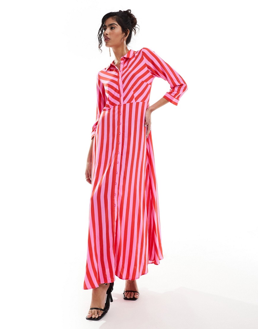 maxi shirt dress in pink and red stripe-Multi