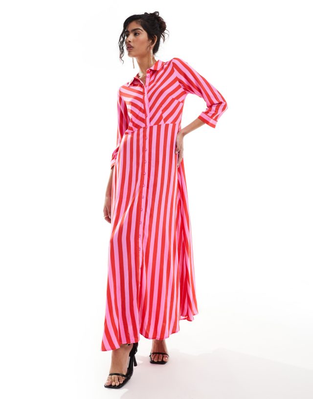 Yas Maxi Shirt Dress in Pink and Red stripe-Multi