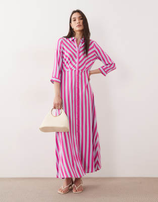 YAS maxi shirt dress in pink and violet striped print rose violet