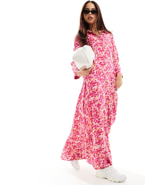 YAS maxi shirt dress in pink blurry spot print - view 1