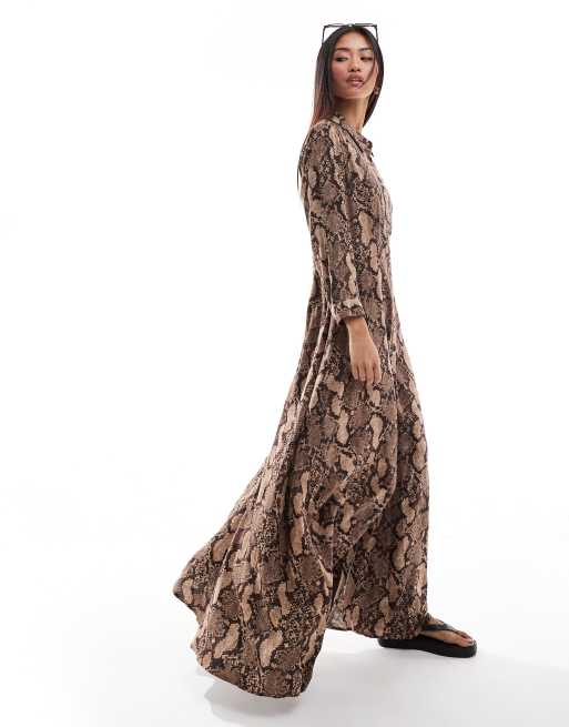 YAS maxi shirt dress in snake print BROWN