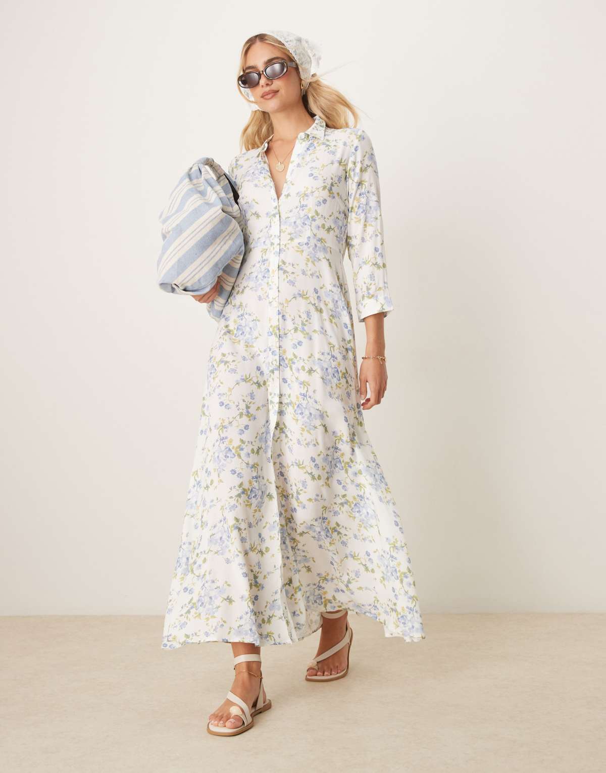 YAS maxi shirt dress in white based blue floral print