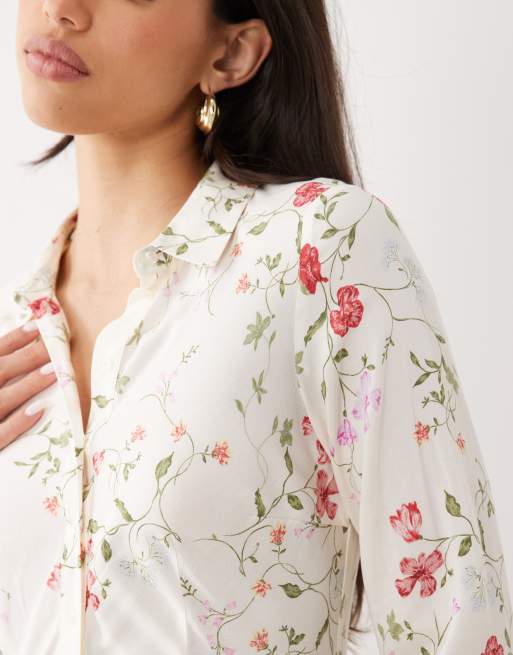 YAS maxi shirt dress in white garden floral print, 4 of 4